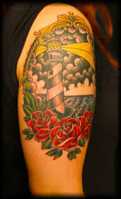 Red Rose Flowers And Lighthouse Tattoo On Right Shoulder