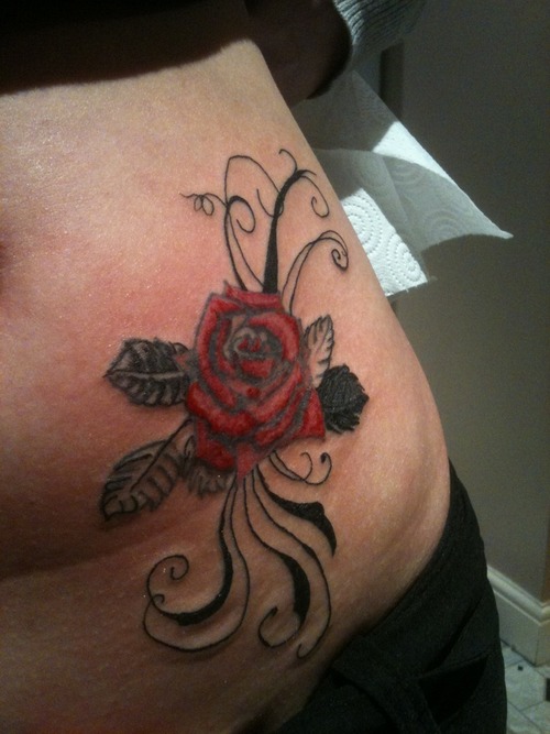 Red Rose Tattoo On Side Belly