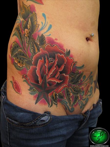 Red Rose With Star Tattoo On Side Belly