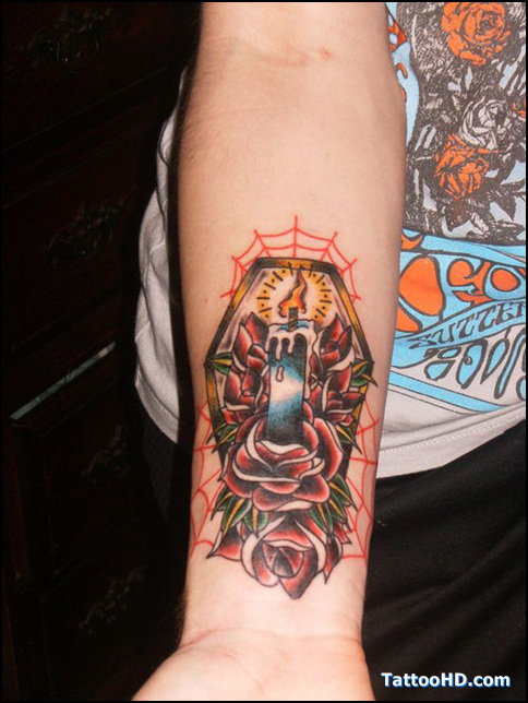 Red Roses And Burning Candle Coffin Tattoo On Forearm