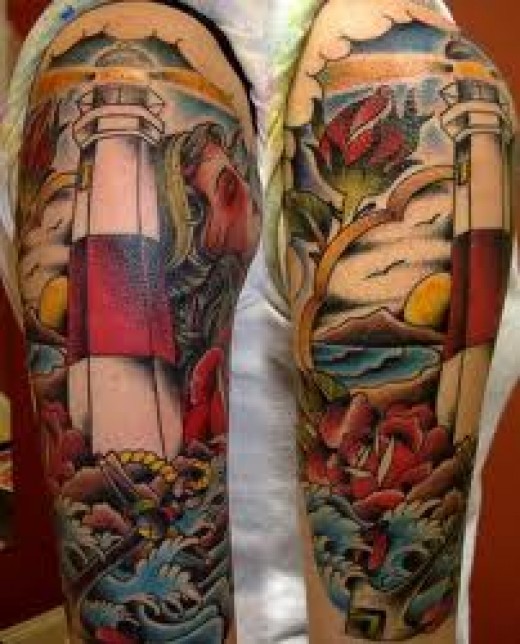 Red Roses And Lighthouse Tattoo On Half Sleeve