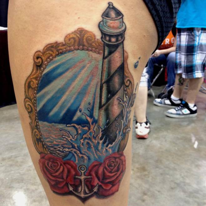 Red Roses And Lighthouse Tattoo With Mirror Frame
