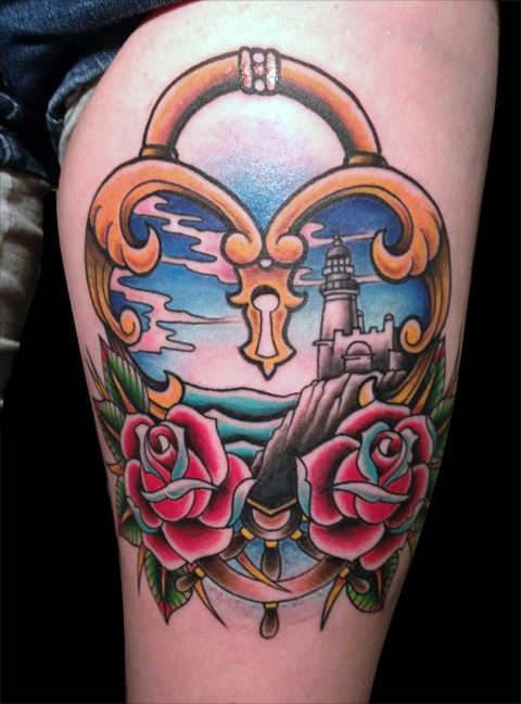 Red Roses And Lock Heart In Lighthouse Tattoo On Leg