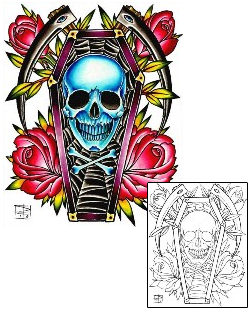 Red Roses And Skull Coffin Tattoo Design