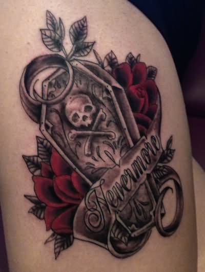 Red Roses and Coffin Tattoo On Leg