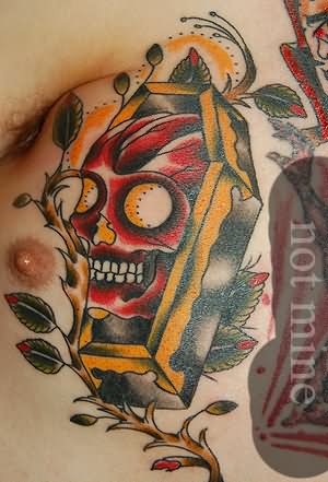 Red Skull In Coffin Tattoo On Chest