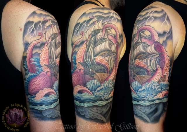 Right Half Sleeve Colored Octopus Ship Tattoo
