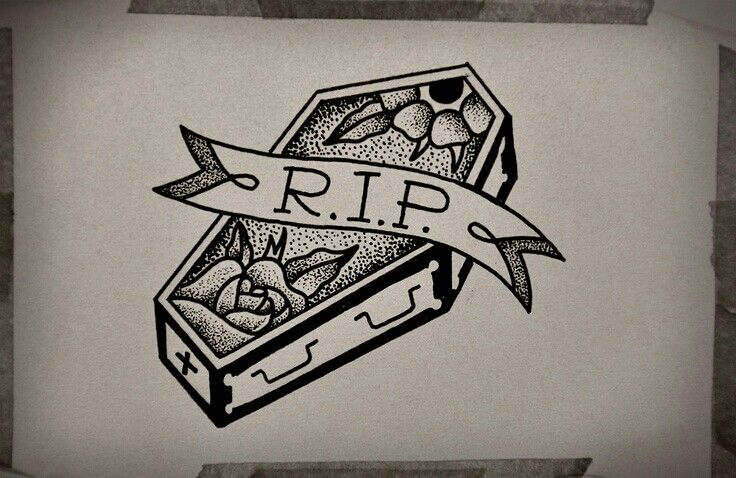 Rip Banner And Coffin Tattoo Design