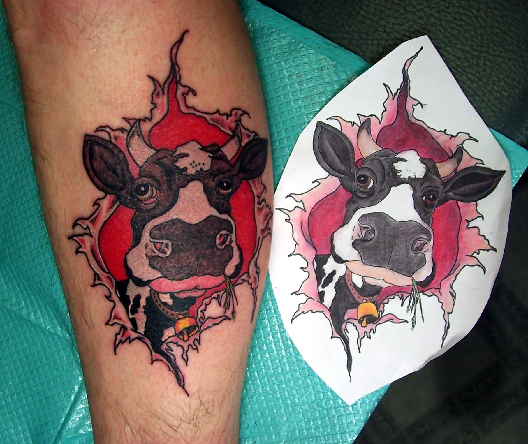 Ripped Skin Cow Head Tattoo Design For Leg Calf