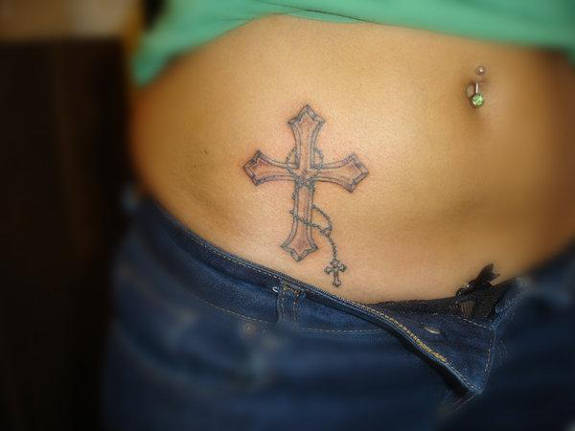 Rosary Cross Tattoo On Side Belly