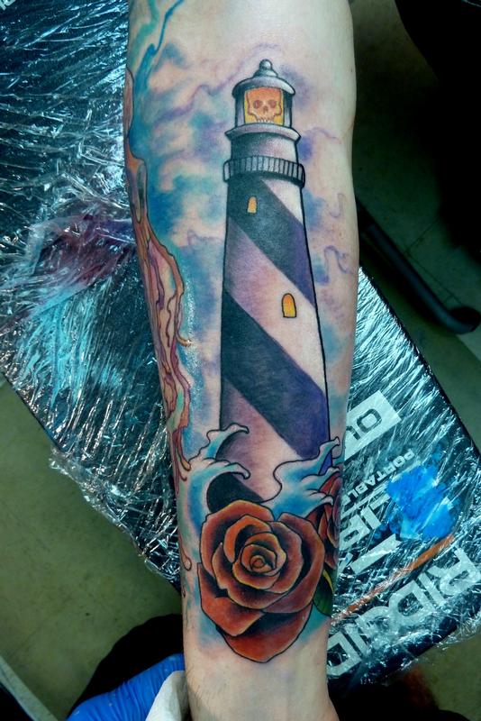 Rose And Lighthouse Tattoo On Arm Sleeve