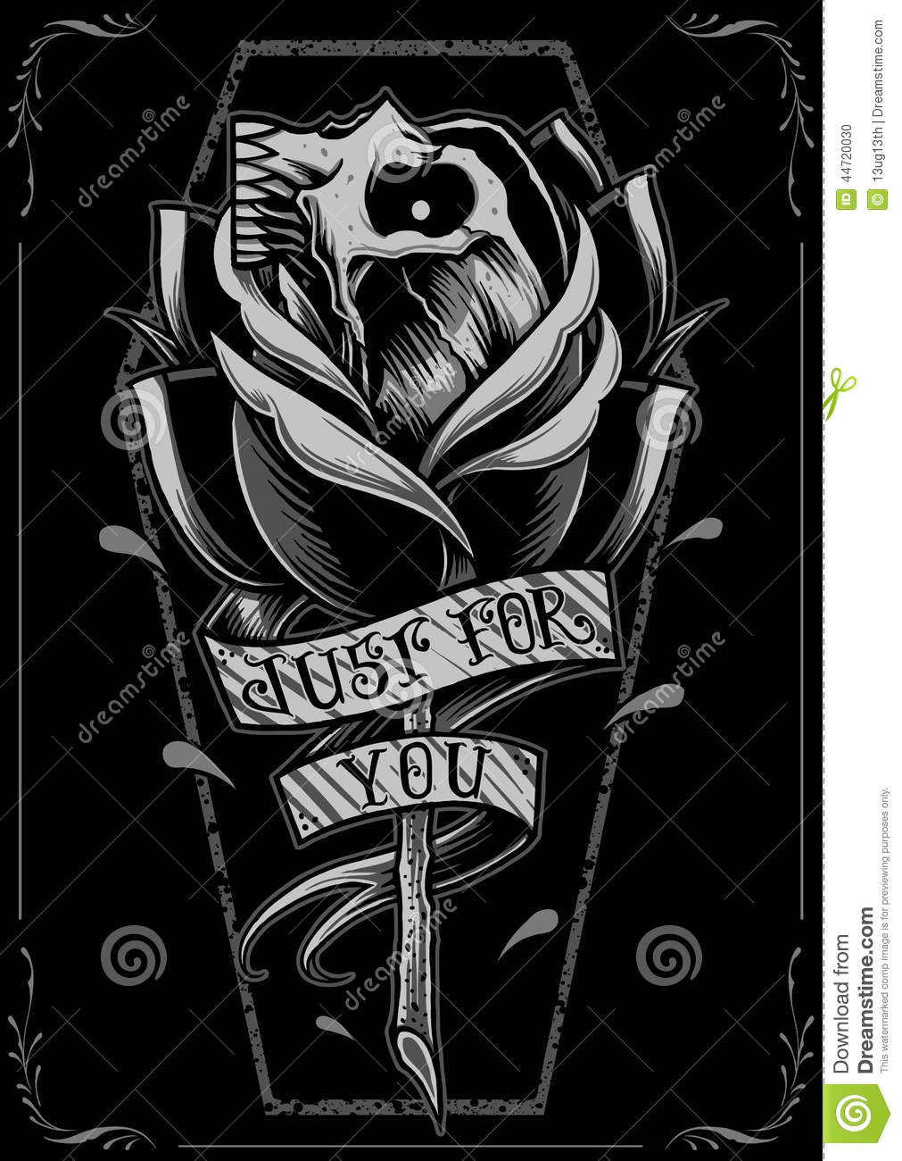 Rose Flower And Just For You Banner New School Coffin Tattoo