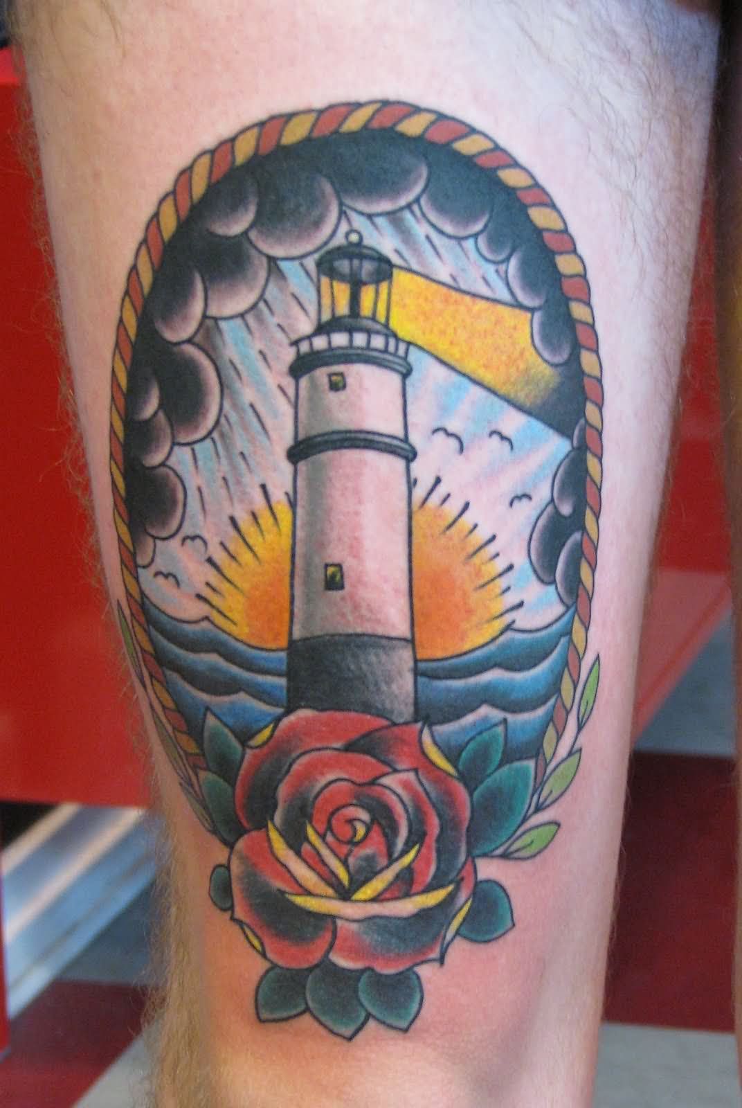 Rose Flower With Lighthouse Tattoo On Leg