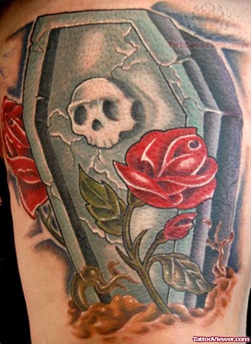 Rose Flowers And Coffin Tattoo Idea