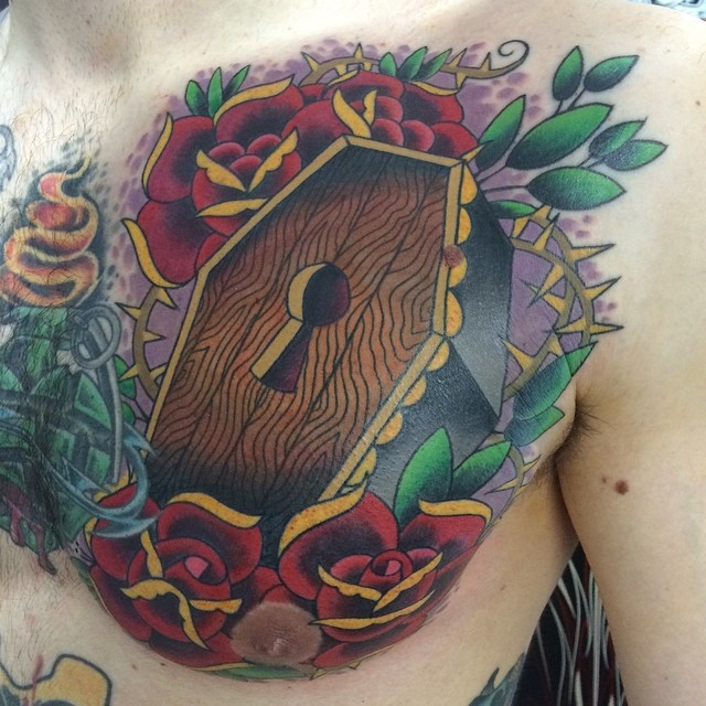 Rose Flowers And Coffin Tattoo by Matt Stankis