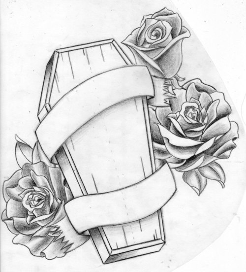 Rose Flowers, Banners And Coffin Tattoo Design