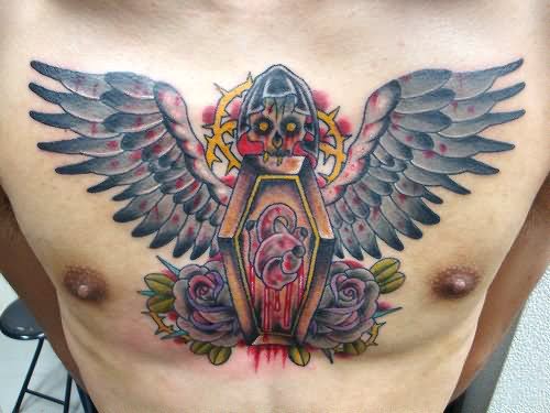 Roses And Winged Coffin Tattoo On Chest