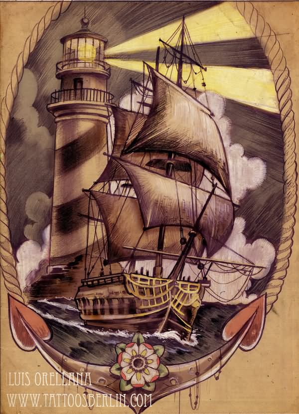 Sailor Ship And Lighthouse Tattoo Design Idea