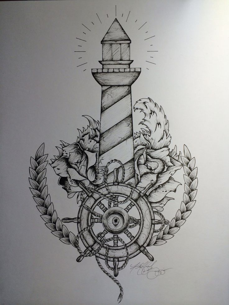 Sailor Wheel And Lighthouse Tattoo Design