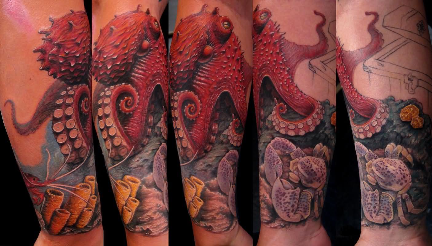 Sea Creature Red Octopus Sleeve Tattoo