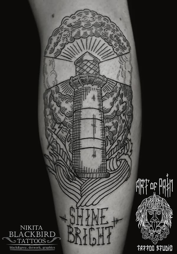 Shine Bright Lighthouse Tattoo On Back Leg