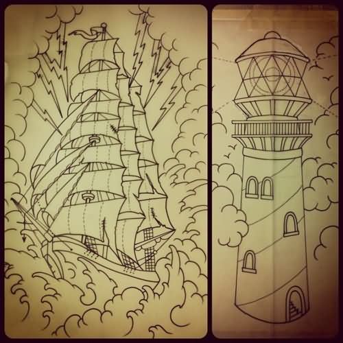 Ship And Lighthouse Tattoo Designs