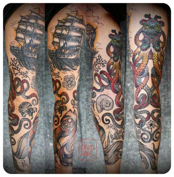 Ship And Octopus Sleeve Tattoo