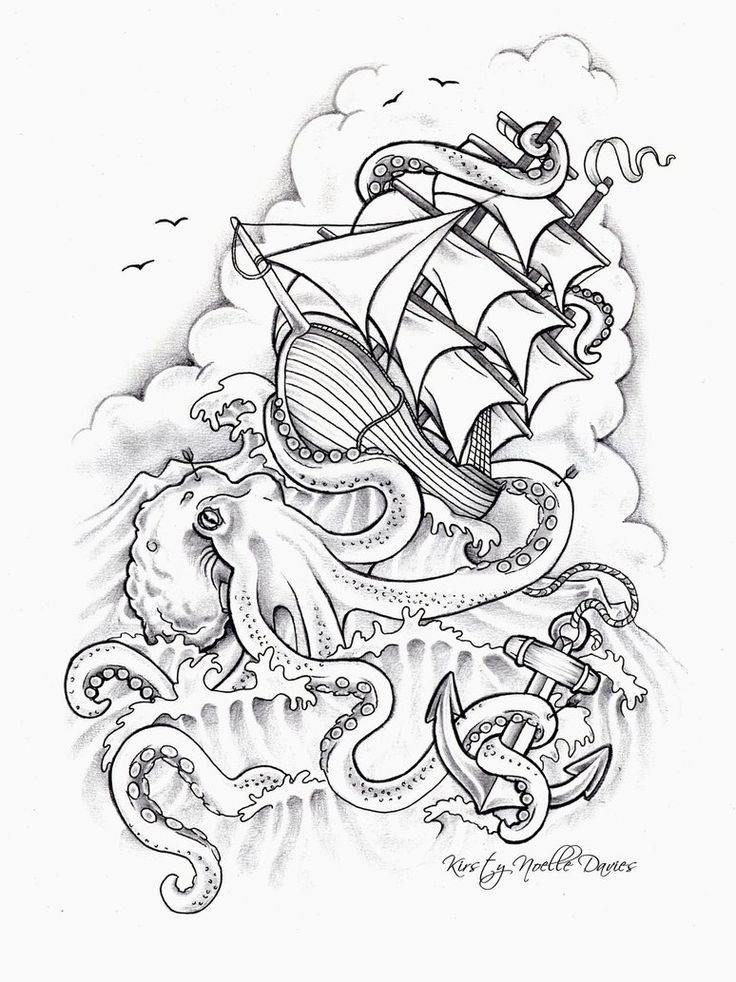 Ship And Octopus Tattoo Design