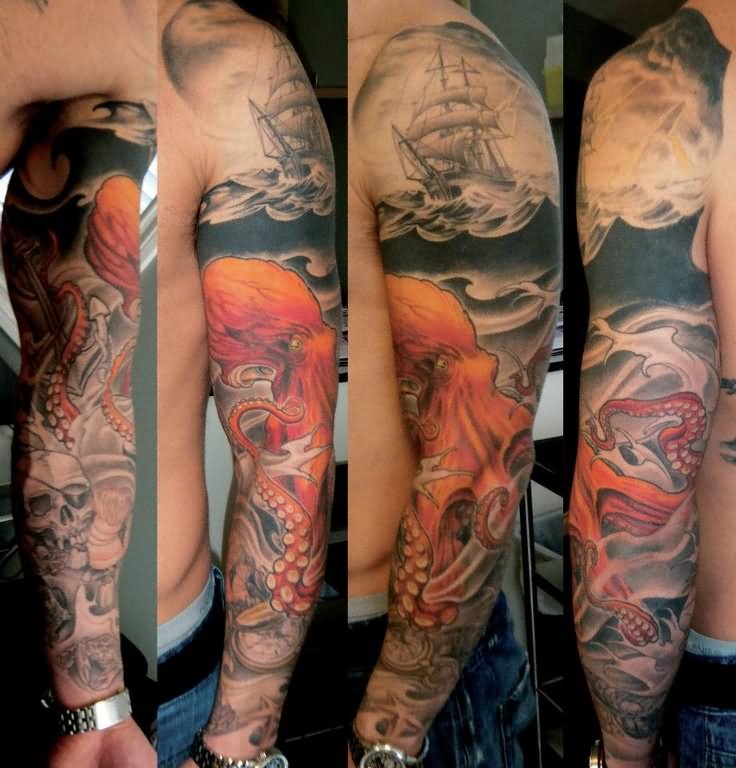 Ship And Octopus Tattoo On Man Full Sleeve