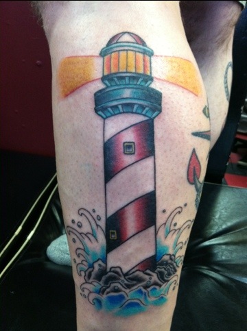 Simple Color Lighthouse Tattoo On Leg