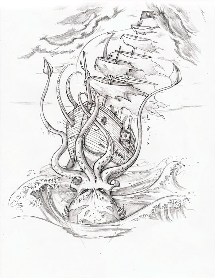 Sinking Octopus And Ship Tattoo Design