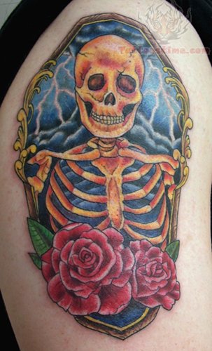 Skeleton And Rose Flowers Coffin Tattoo On Shoulder