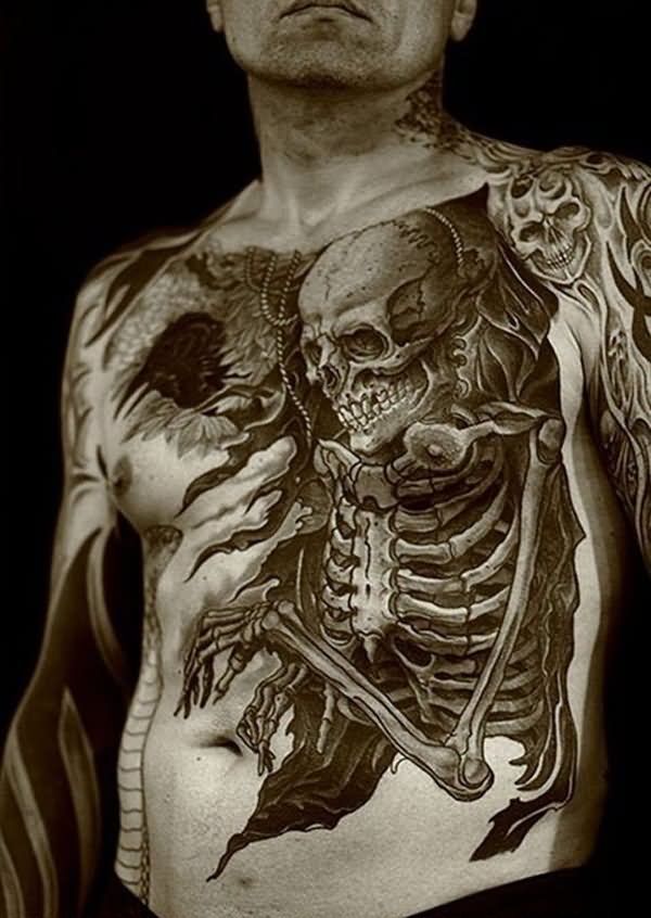 Skeleton Coffin Tattoo On Chest For Men