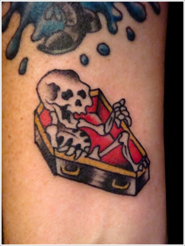 Skeleton In Coffin Tattoo On Sleeve