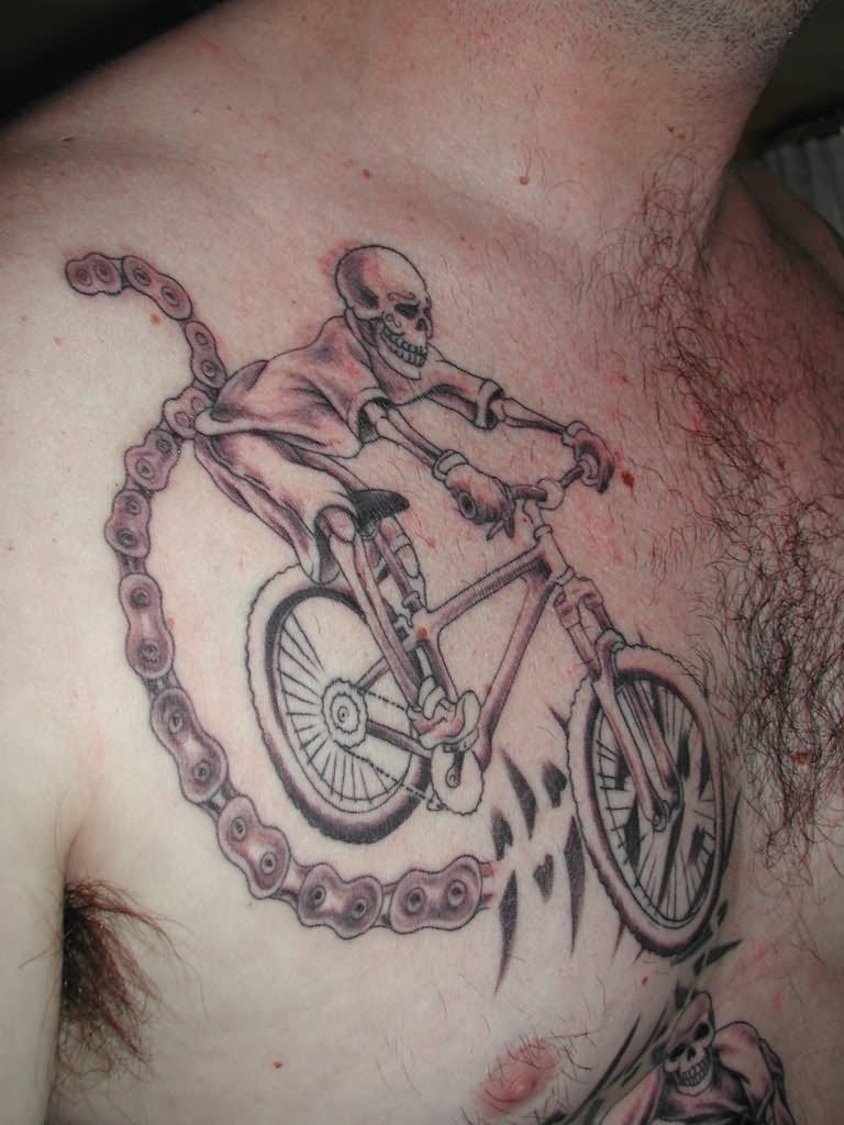 Skeleton Riding Mountain Bike Tattoo On Man Right Front Shoulder