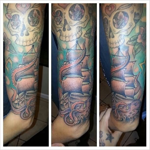 Skull And Octopus Ship Tattoo On Full Sleeve