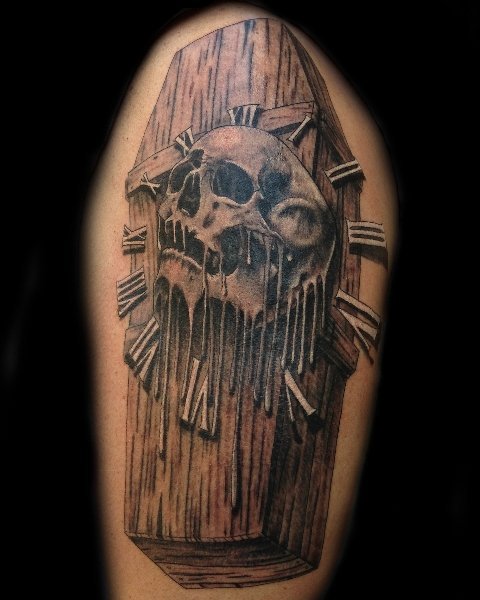 Skull Clock And Coffin Tattoo Design