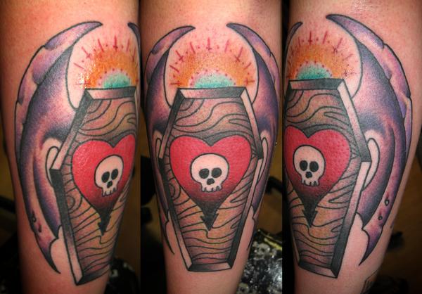 Skull In Heart Coffin Tattoo On Leg