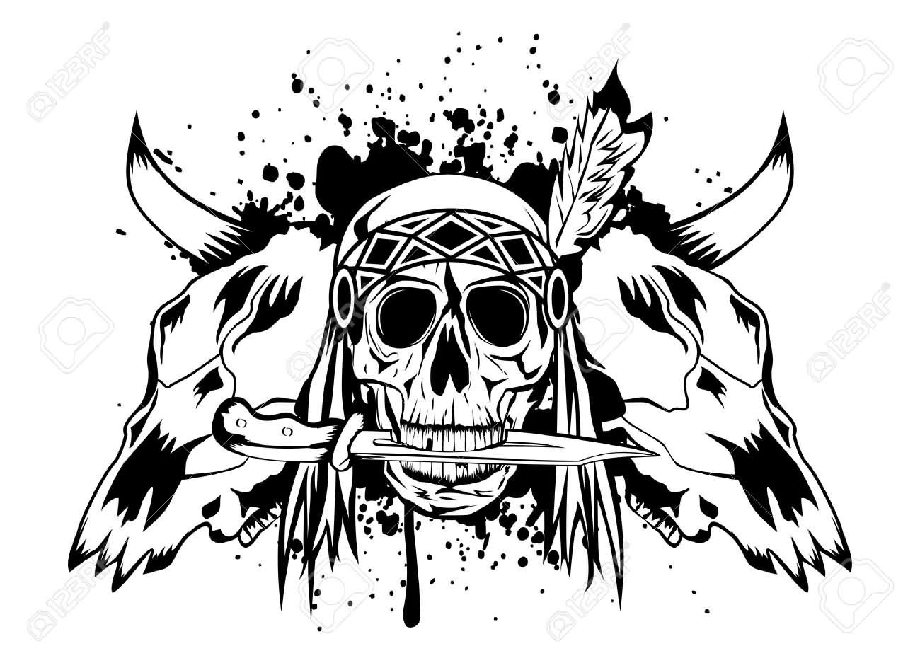 Skull With Two Skulls Tattoo Stencil