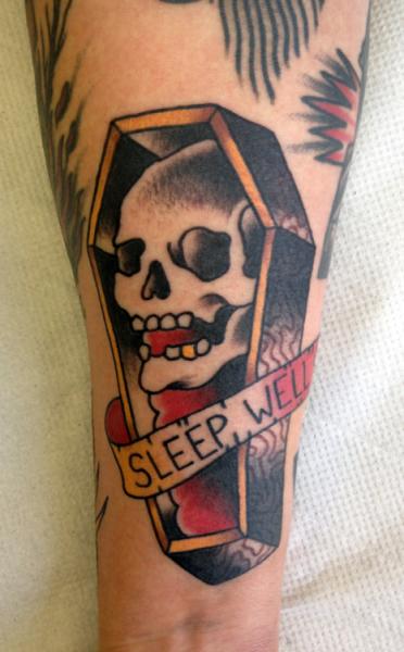 Sleep Well Black And Grey Coffin Tattoo On Forearm
