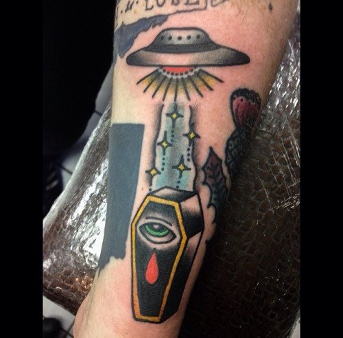 Spaceship And Coffin Tattoo by Joel Janiszyn