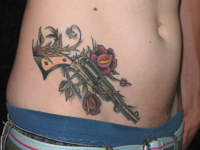 Sun With Roses Tattoo On Side Belly