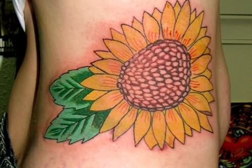 Sunflower Tattoo On Side Belly