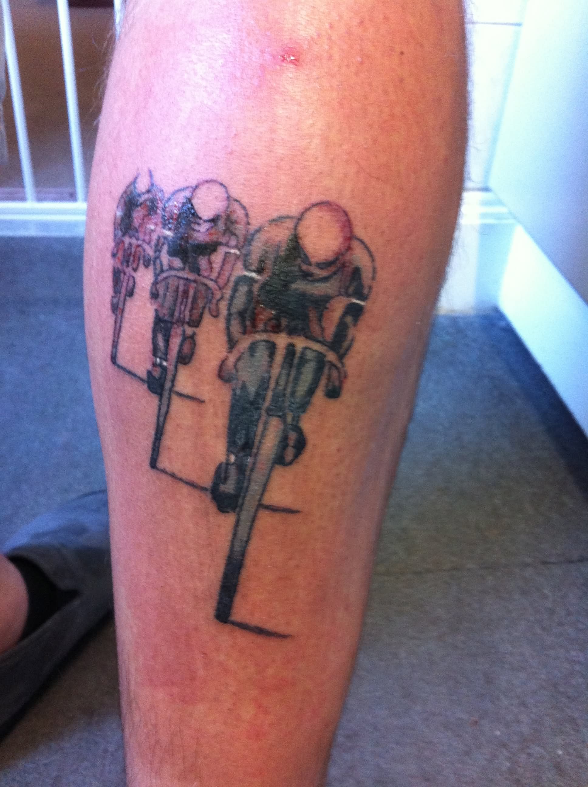 Three Biker Tattoo On Leg Calf