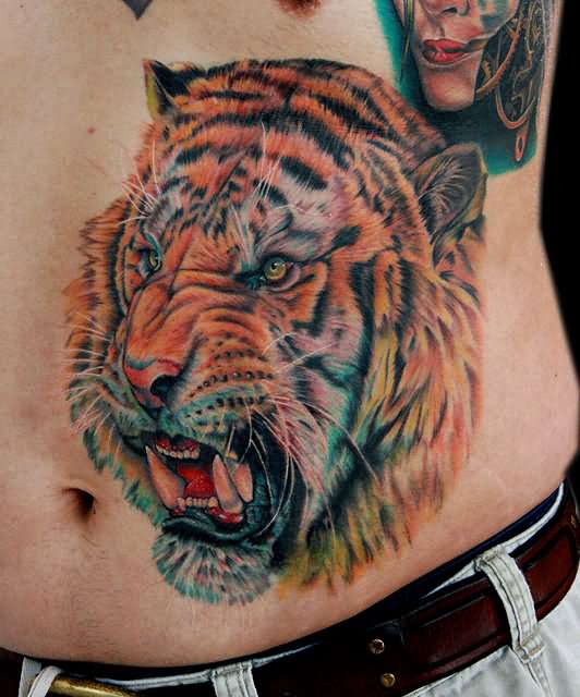 Tiger Head Tattoo On Belly
