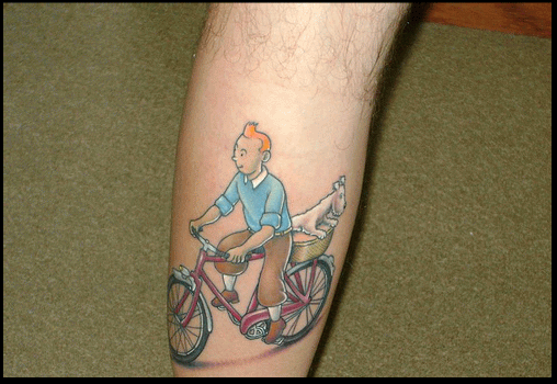 Tintin And Struppi Riding On Bike Tattoo On Leg Calf