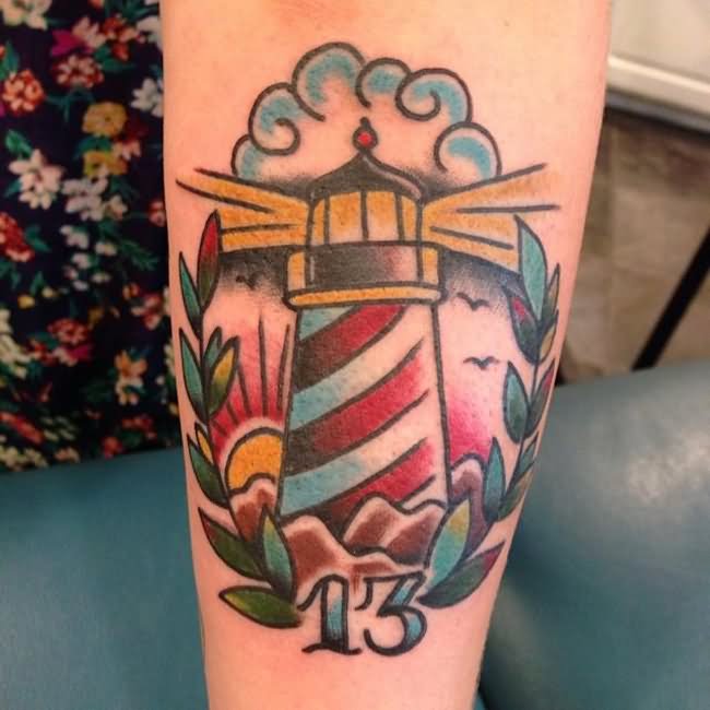 Traditional 13 Number Lighthouse Tattoo On Full Sleeve