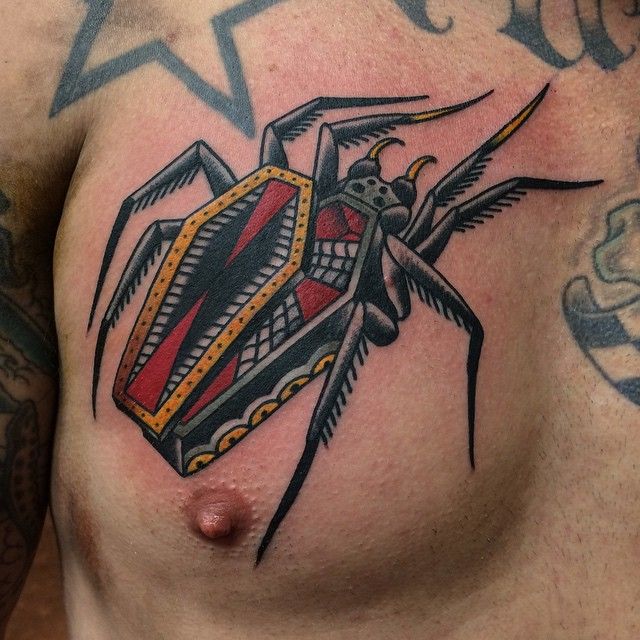 Traditional Coffin Spider Tattoo On Chest For Men
