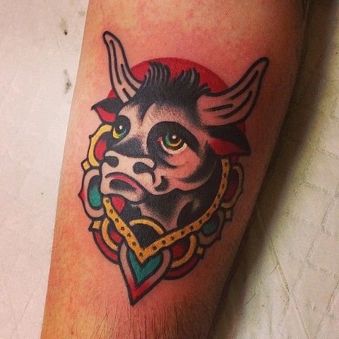 Traditional Cow Head Tattoo Design For Sleeve