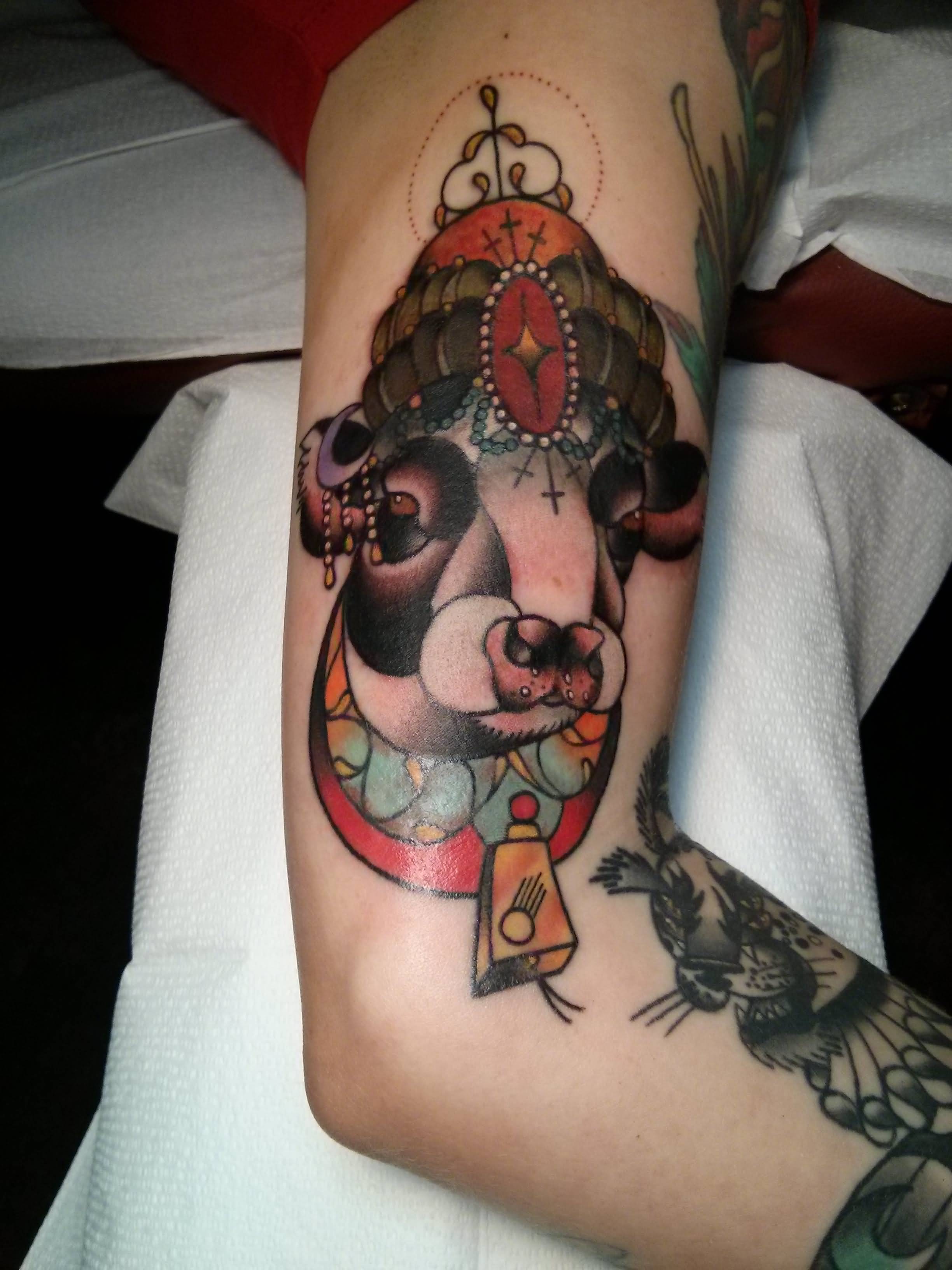 Traditional Cow Head Tattoo On Bicep